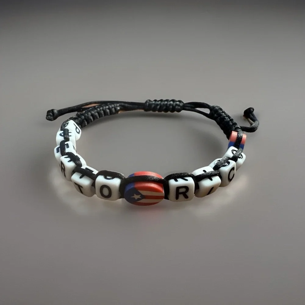 Puerto Rico Letters Unisex Macrame Bracelet Flag Beads Red Blue Black Adjustable